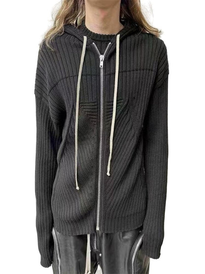 Geometric Ribbed Hooded Cardigan