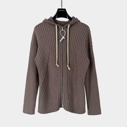 Geometric Ribbed Hooded Cardigan