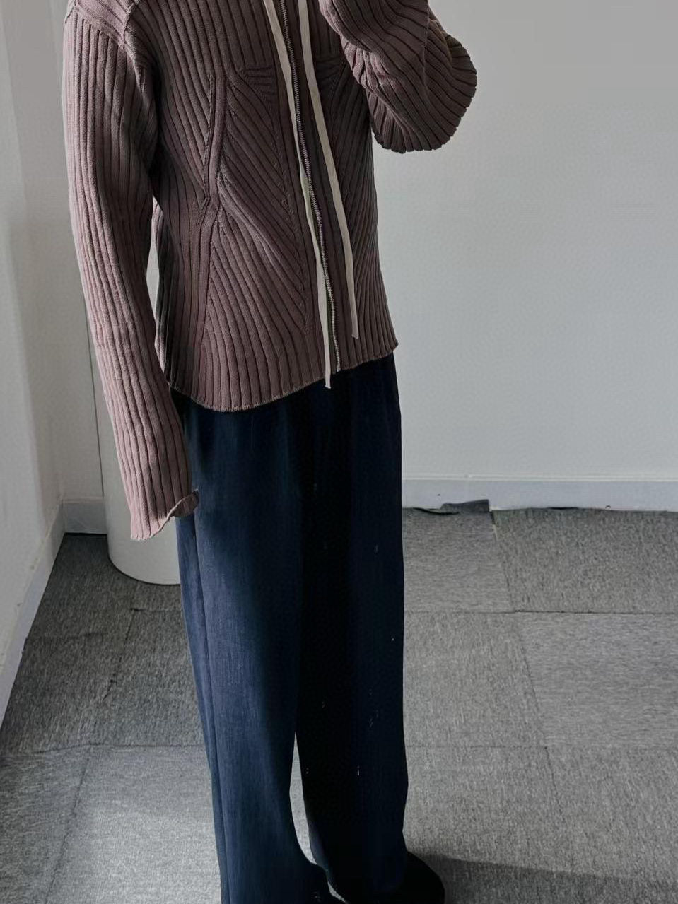 Geometric Ribbed Hooded Cardigan