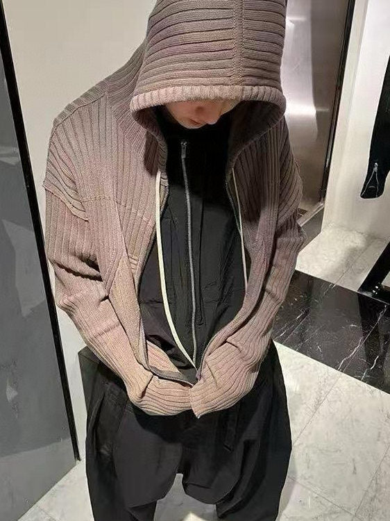 Geometric Ribbed Hooded Cardigan