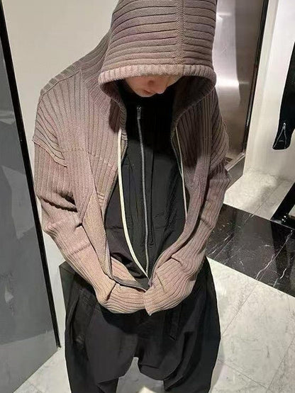 Geometric Ribbed Hooded Cardigan
