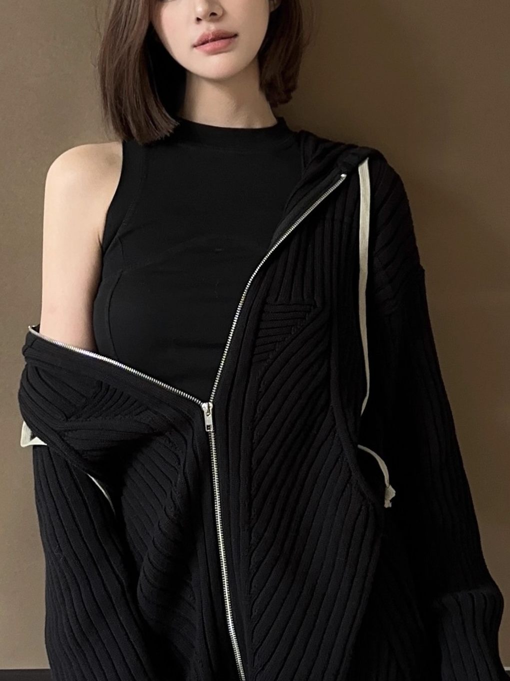 Geometric Ribbed Hooded Cardigan