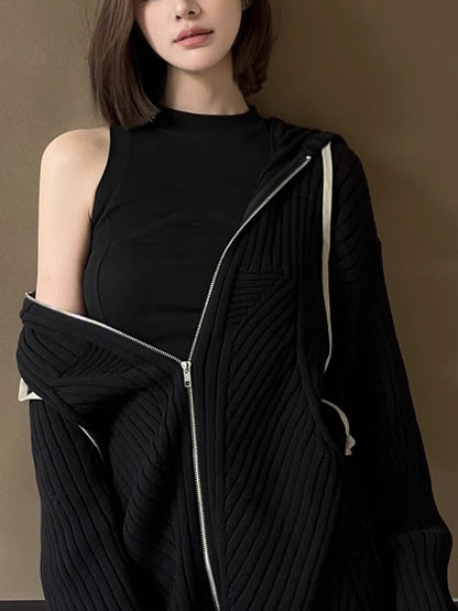 Geometric Ribbed Hooded Cardigan