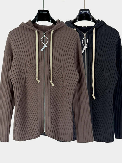 Geometric Ribbed Hooded Cardigan