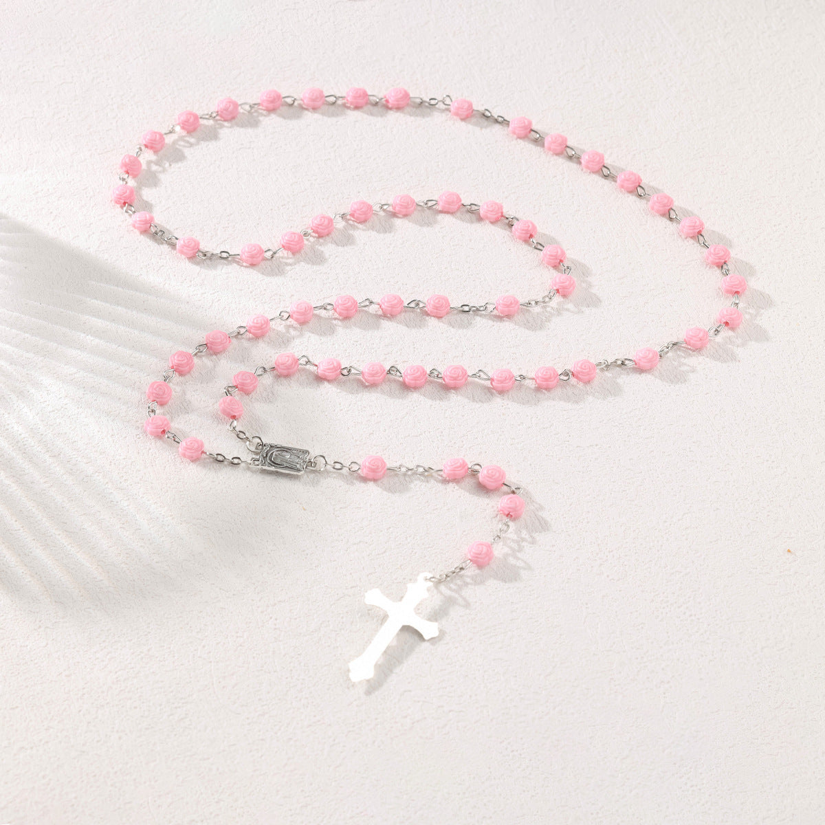 Geometric Rosary Necklace with Rose Cross