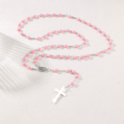 Geometric Rosary Necklace with Rose Cross