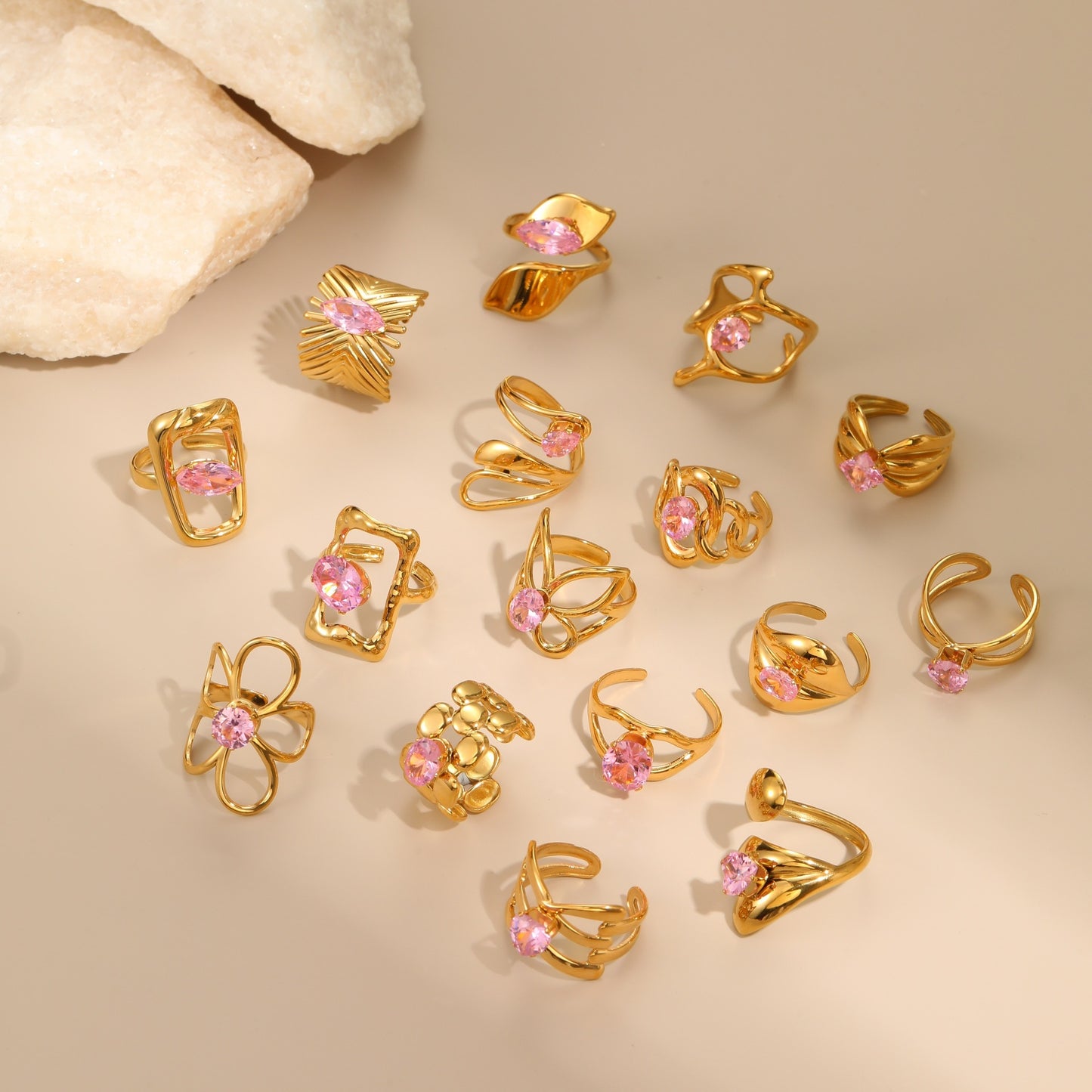 Geometric Stainless Steel Gold Plated Zircon Ring