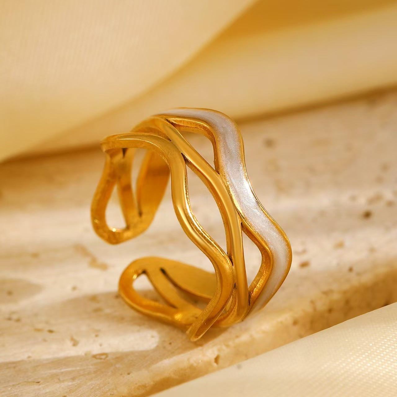 Geometric Textured Stainless Steel Adjustable Ring