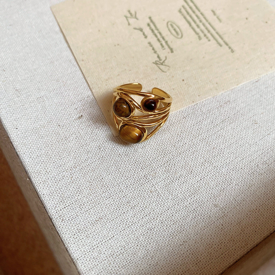 Geometric Tiger Eye Open Ring
