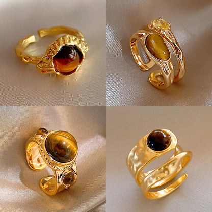 Geometric Tiger Eye Open Ring