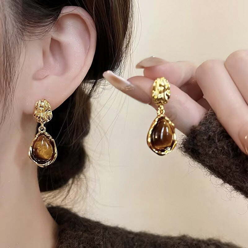 Geometric Tiger Eye Stone Drop Earrings