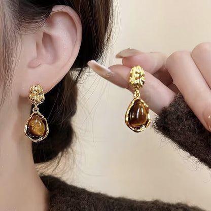 Geometric Tiger Eye Stone Drop Earrings