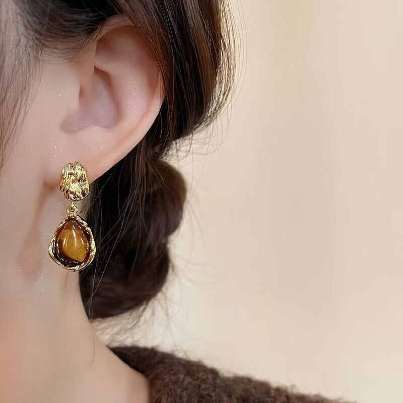 Geometric Tiger Eye Stone Drop Earrings