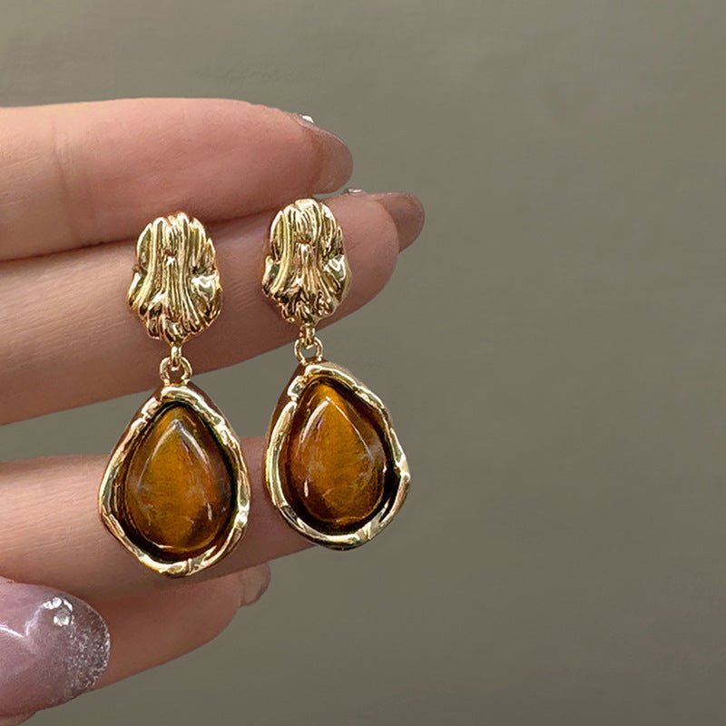 Geometric Tiger Eye Stone Drop Earrings