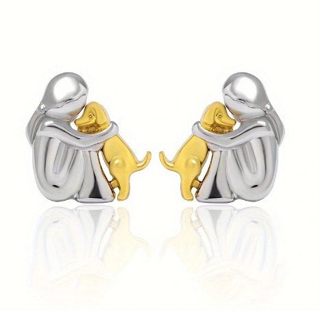 Girl and Dog Hug Stud Earrings French Minimalist Design