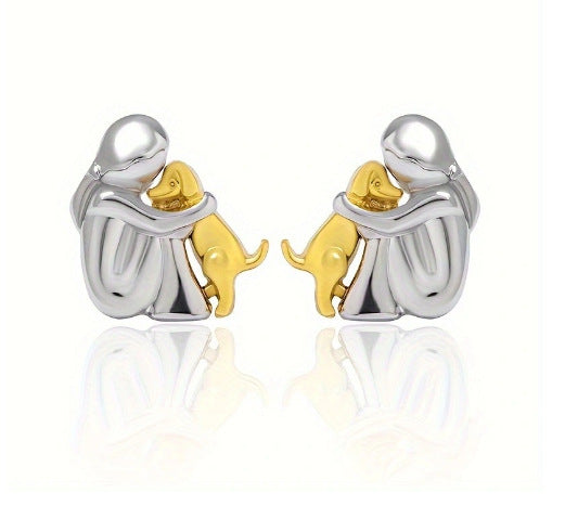 Girl and Dog Hug Stud Earrings French Minimalist Design