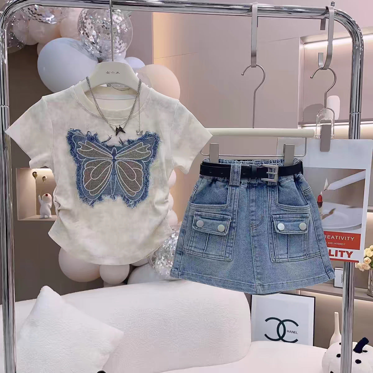 Girls Bow Embroidered Top and Denim Skirt Set