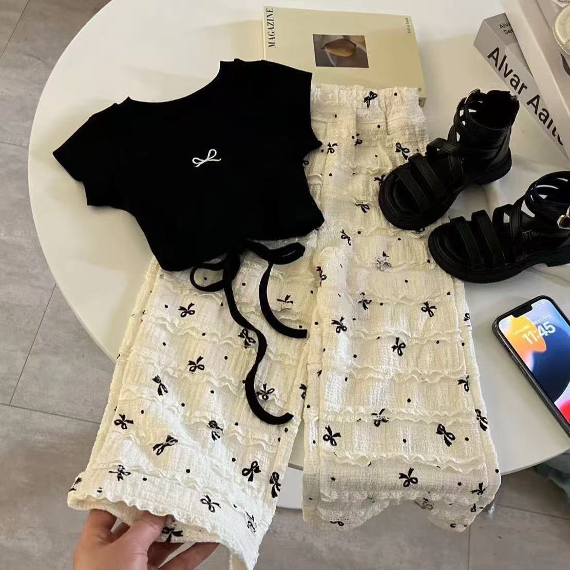 Girls Bow-Knot Backless Top and Wide-Leg Pants Set