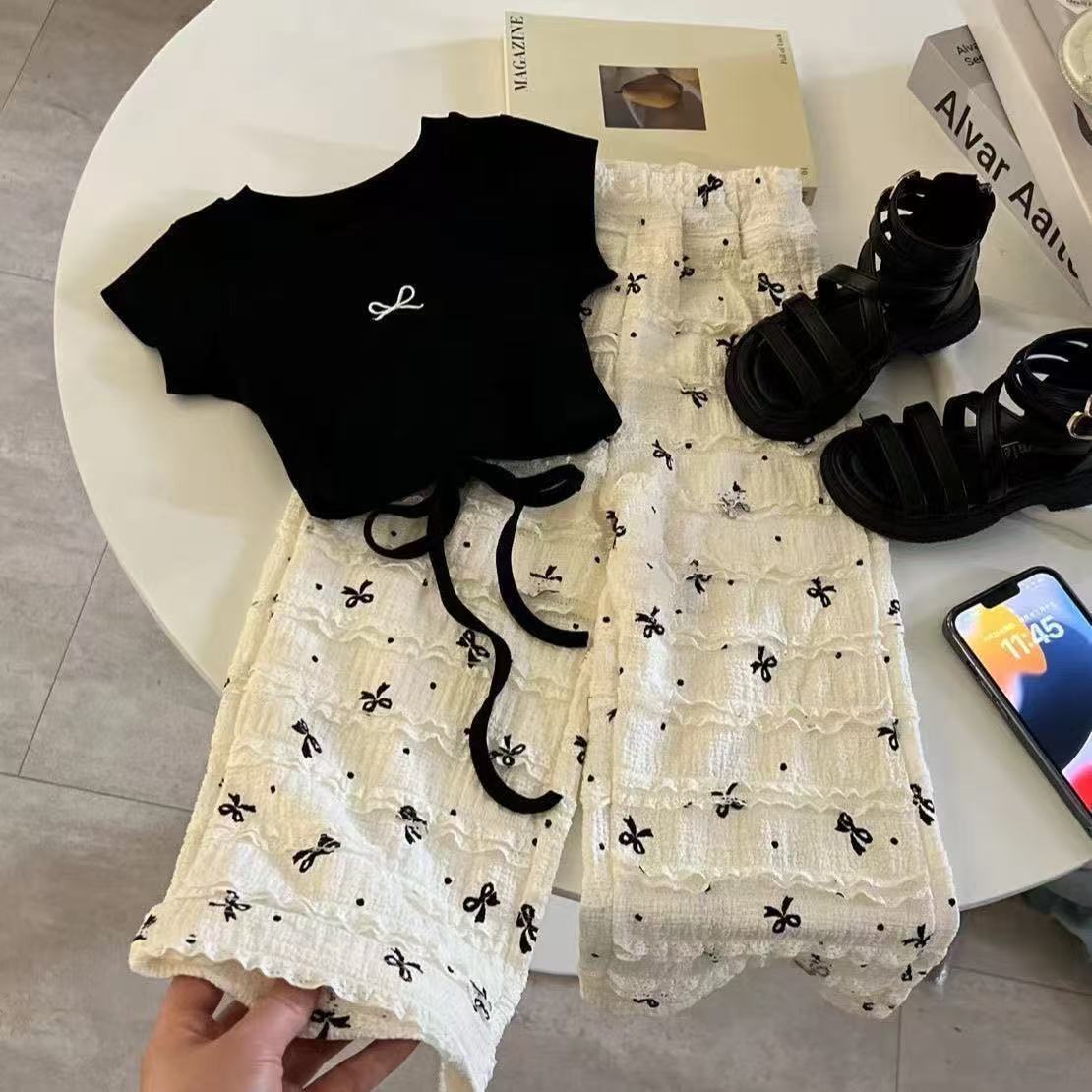 Girls Bow-Knot Backless Top and Wide-Leg Pants Set