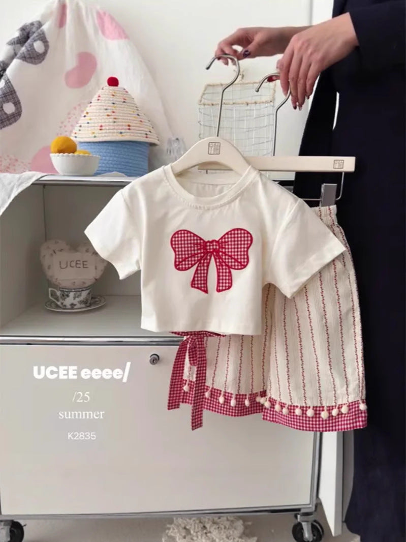 Girls Bow Print Short Sleeve Set