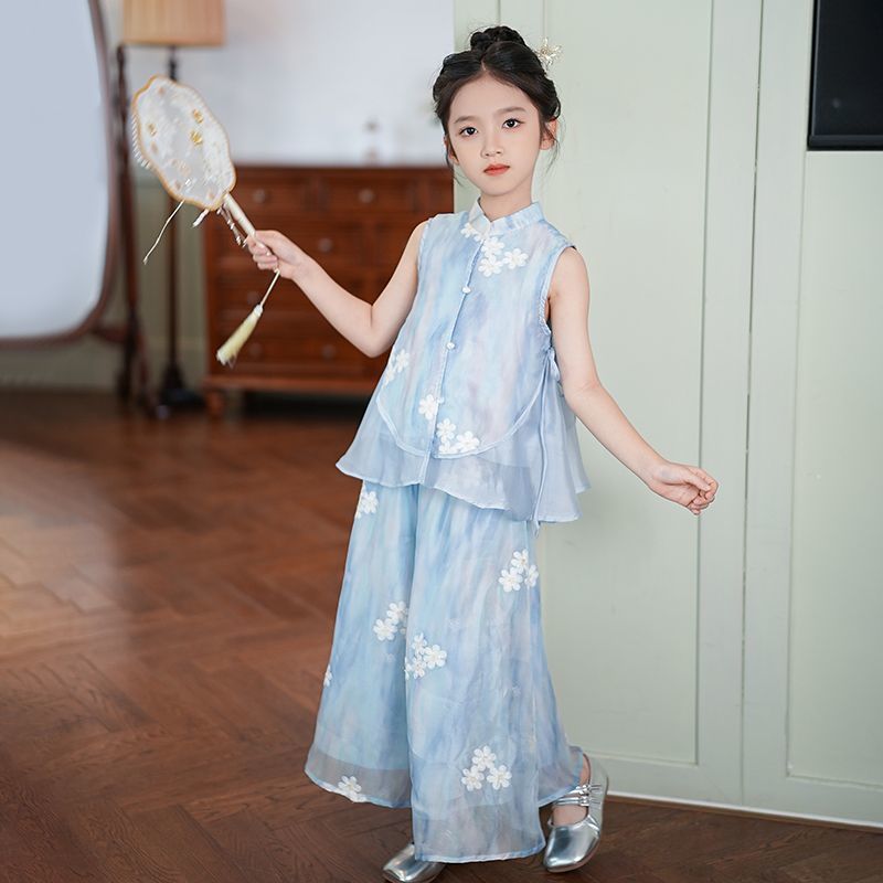 Girls Chinese Style Sleeveless Wide-Leg Pants Two-Piece Outfit