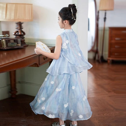 Girls Chinese Style Sleeveless Wide-Leg Pants Two-Piece Outfit
