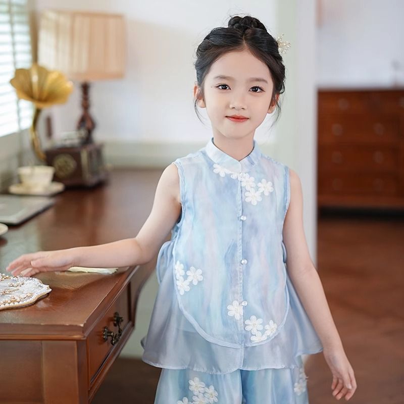 Girls Chinese Style Sleeveless Wide-Leg Pants Two-Piece Outfit