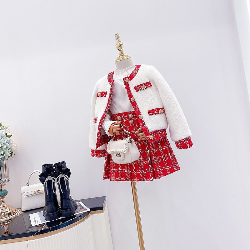 Girls Corduroy Jacket and Plaid Skirt