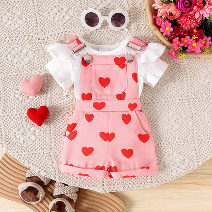 Girls Cotton Printed Top and Overalls Two-Piece Set