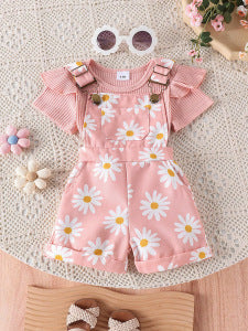 Girls Cotton Printed Top and Overalls Two-Piece Set
