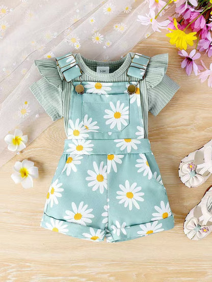 Girls Cotton Printed Top and Overalls Two-Piece Set