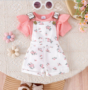 Girls Cotton Printed Top and Overalls Two-Piece Set