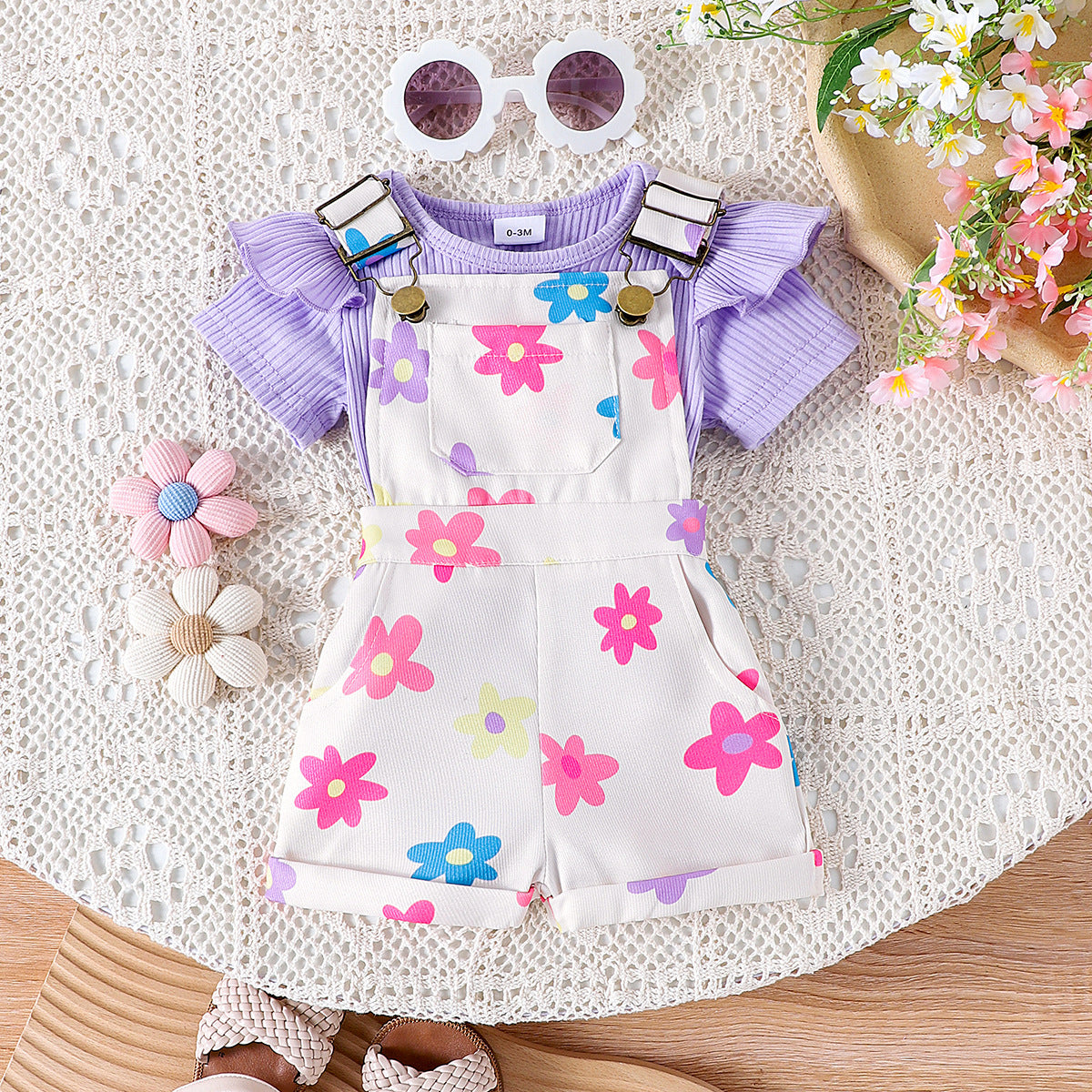 Girls Cotton Printed Top and Overalls Two-Piece Set