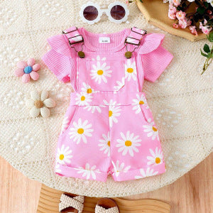 Girls Cotton Printed Top and Overalls Two-Piece Set
