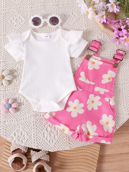 Girls Cotton Printed Top and Overalls Two-Piece Set