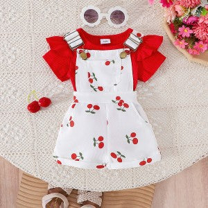 Girls Cotton Printed Top and Overalls Two-Piece Set