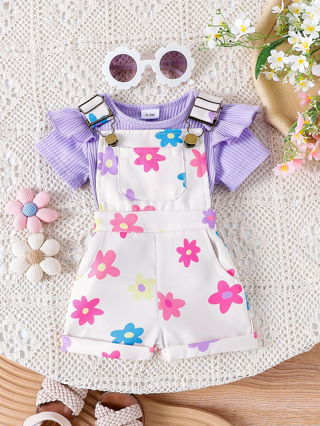 Girls Cotton Printed Top and Overalls Two-Piece Set