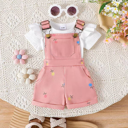Girls Cotton Printed Top and Overalls Two-Piece Set