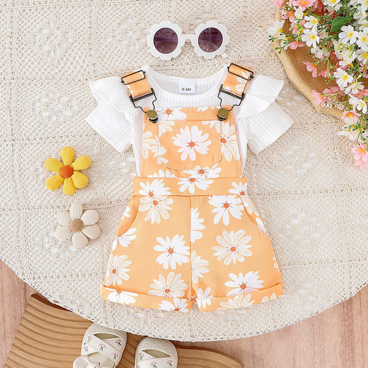 Girls Cotton Printed Top and Overalls Two-Piece Set