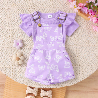 Girls Cotton Printed Top and Overalls Two-Piece Set