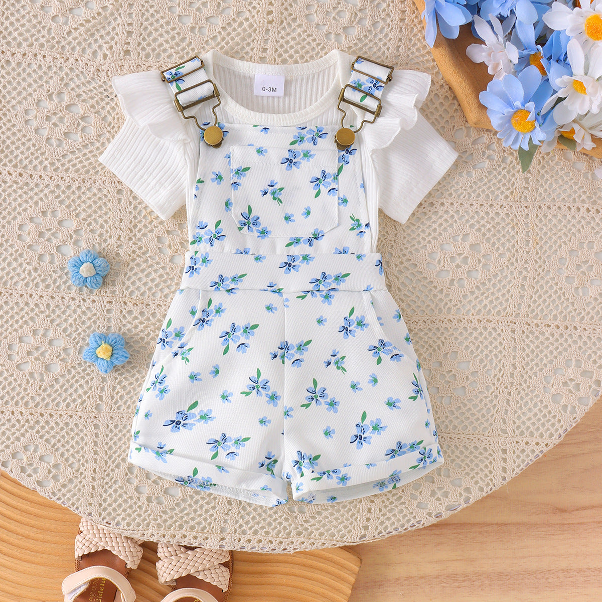 Girls Cotton Printed Top and Overalls Two-Piece Set