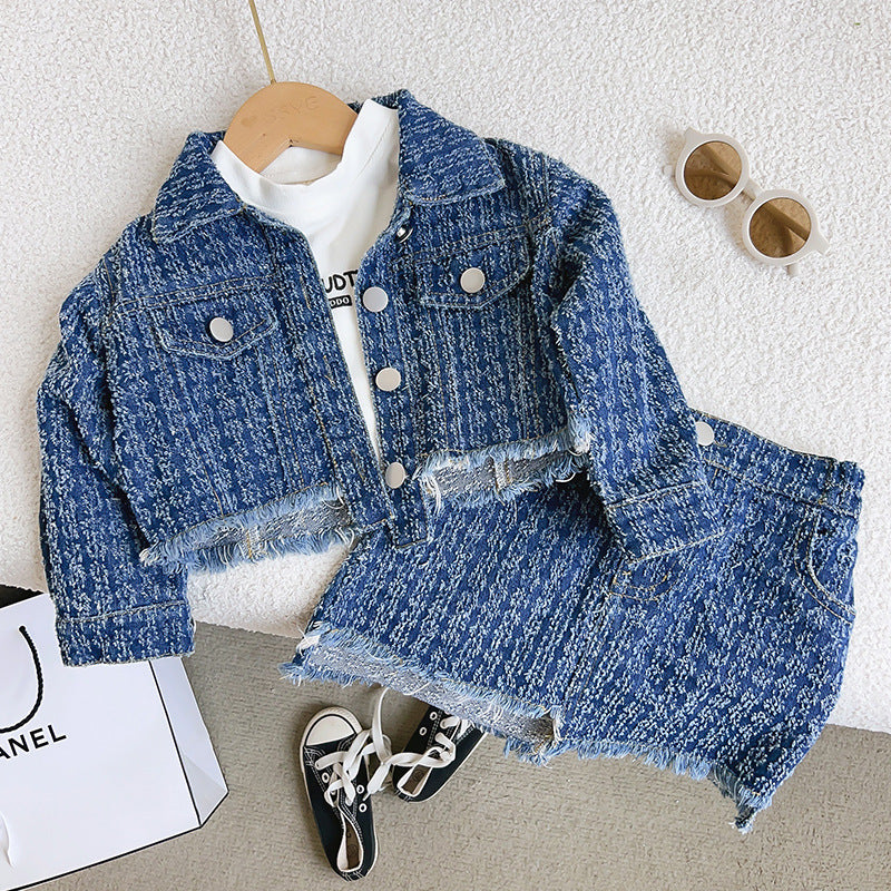 Girls' Denim Mini Skirt Two-Piece Set
