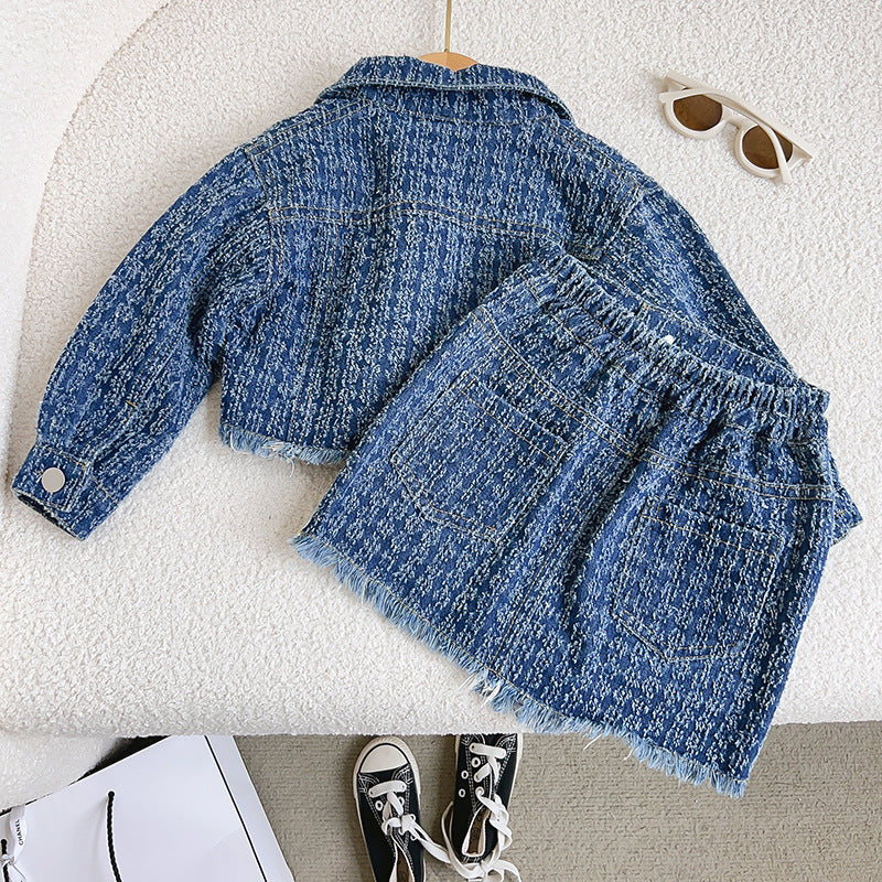Girls' Denim Mini Skirt Two-Piece Set