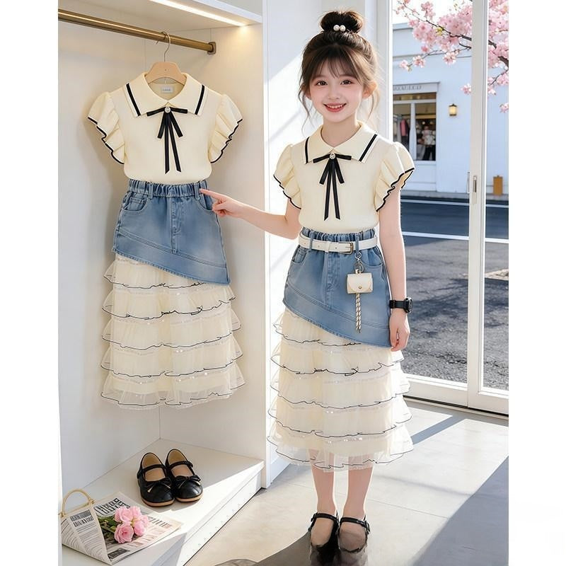 Girls Denim Patchwork Tulle Skirt