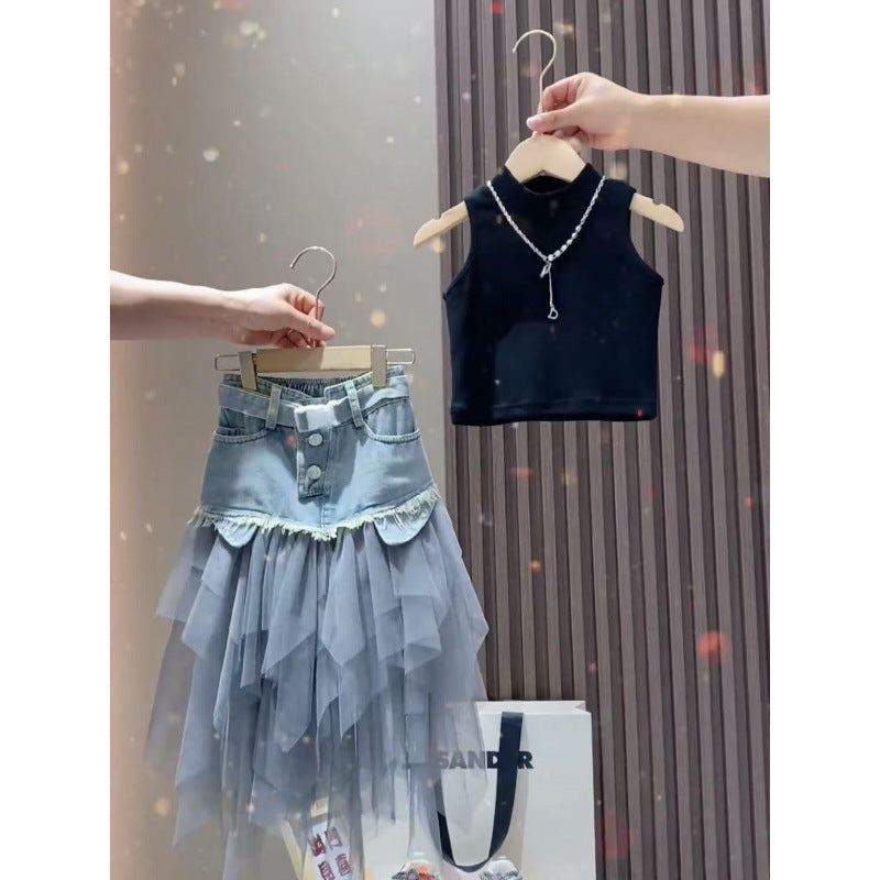 Girls Denim Patchwork Two-Piece Set