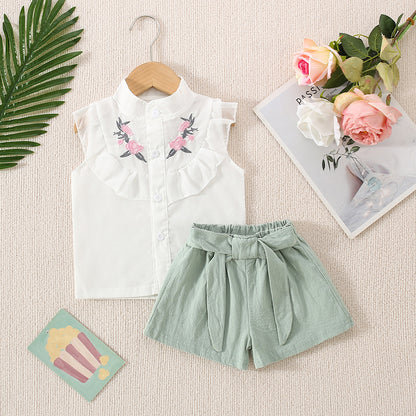 Girls Embroidered Lace Sleeveless Shirt and Shorts Set