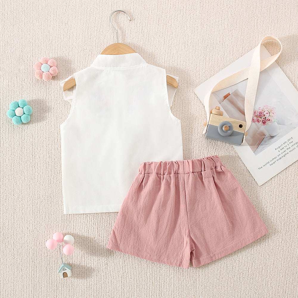 Girls Embroidered Lace Sleeveless Shirt and Shorts Set