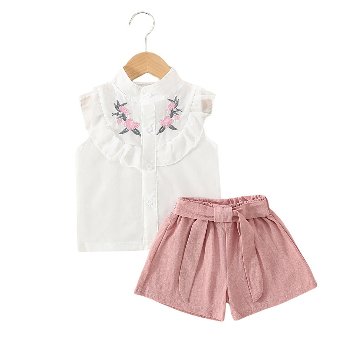Girls Embroidered Lace Sleeveless Shirt and Shorts Set