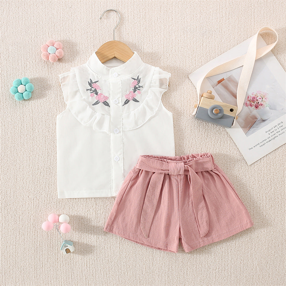Girls Embroidered Lace Sleeveless Shirt and Shorts Set
