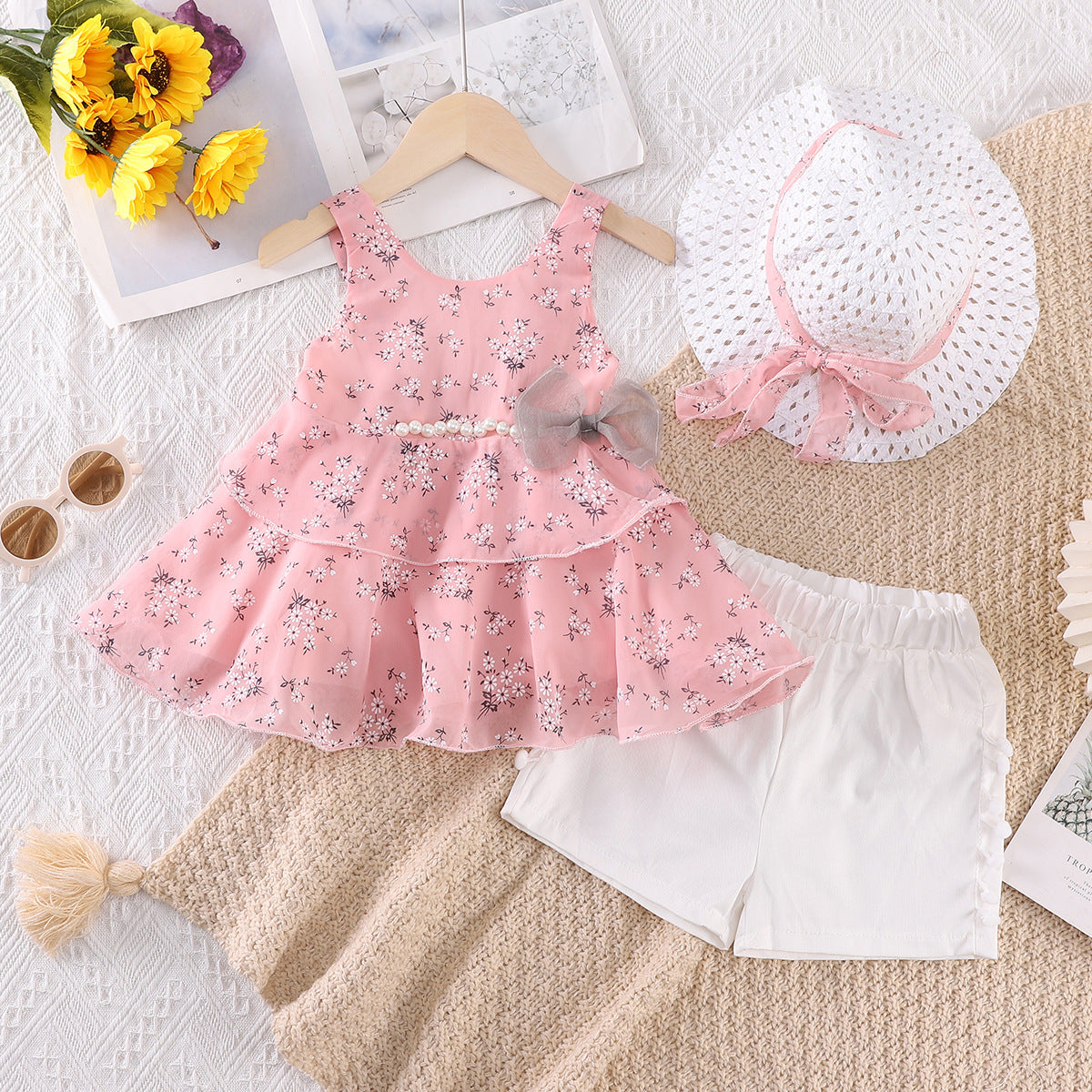 Girls Floral Bow Pearl Chiffon Suspender Set with Hat